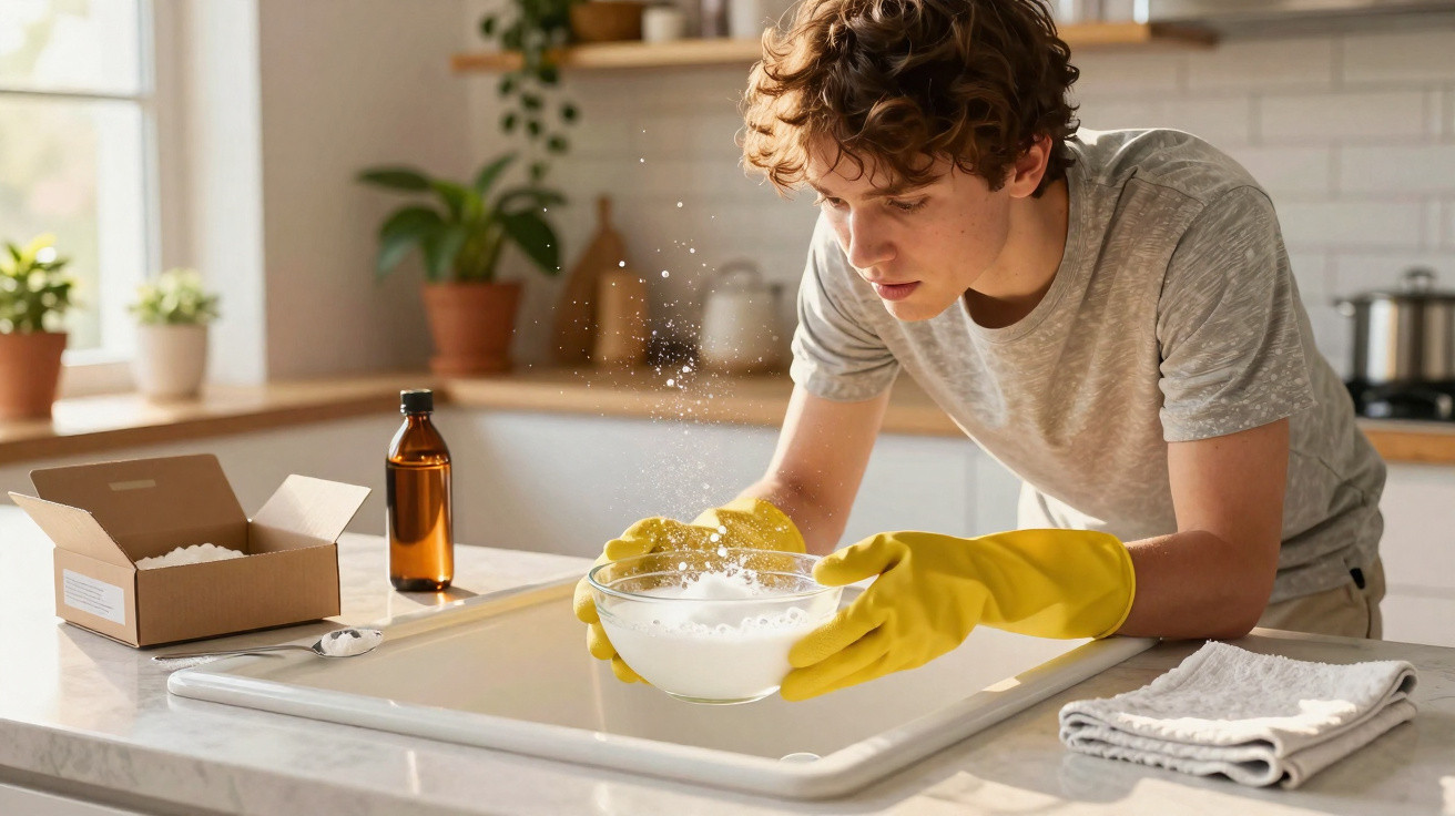 Pessoa com luvas amarelas a limpar uma taça com esponja na cozinha, com espuma visível.