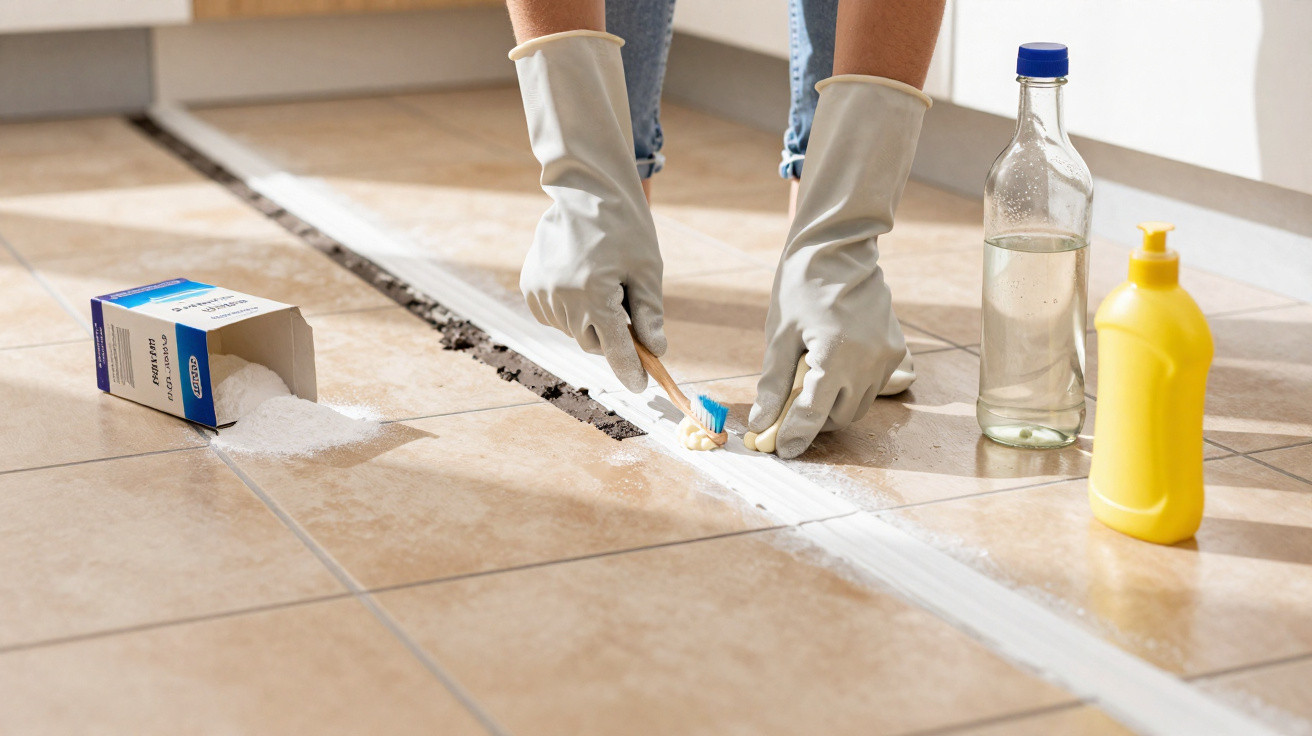Pessoa a limpar sujidade do chão de azulejos com escova de dentes usando luvas e produtos de limpeza.