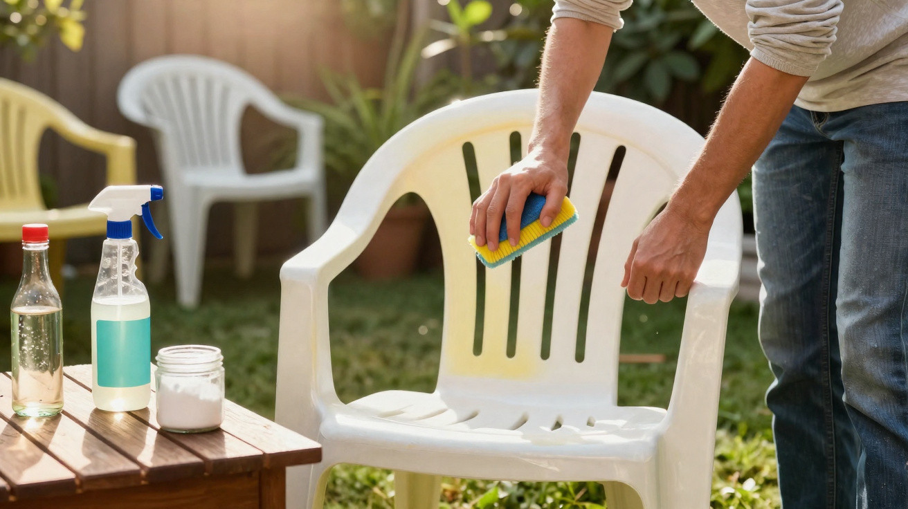 Pessoa a limpar cadeira de plástico branca num pátio com esponja e spray de limpeza.