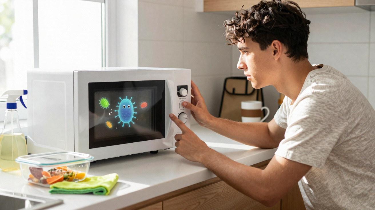 Jovem sentado na cozinha com micro-ondas onde aparece imagem digital de microrganismos coloridos na porta.