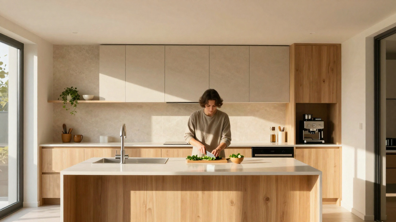 Cozinha moderna com ilha central, homem a preparar legumes debaixo de luz natural.