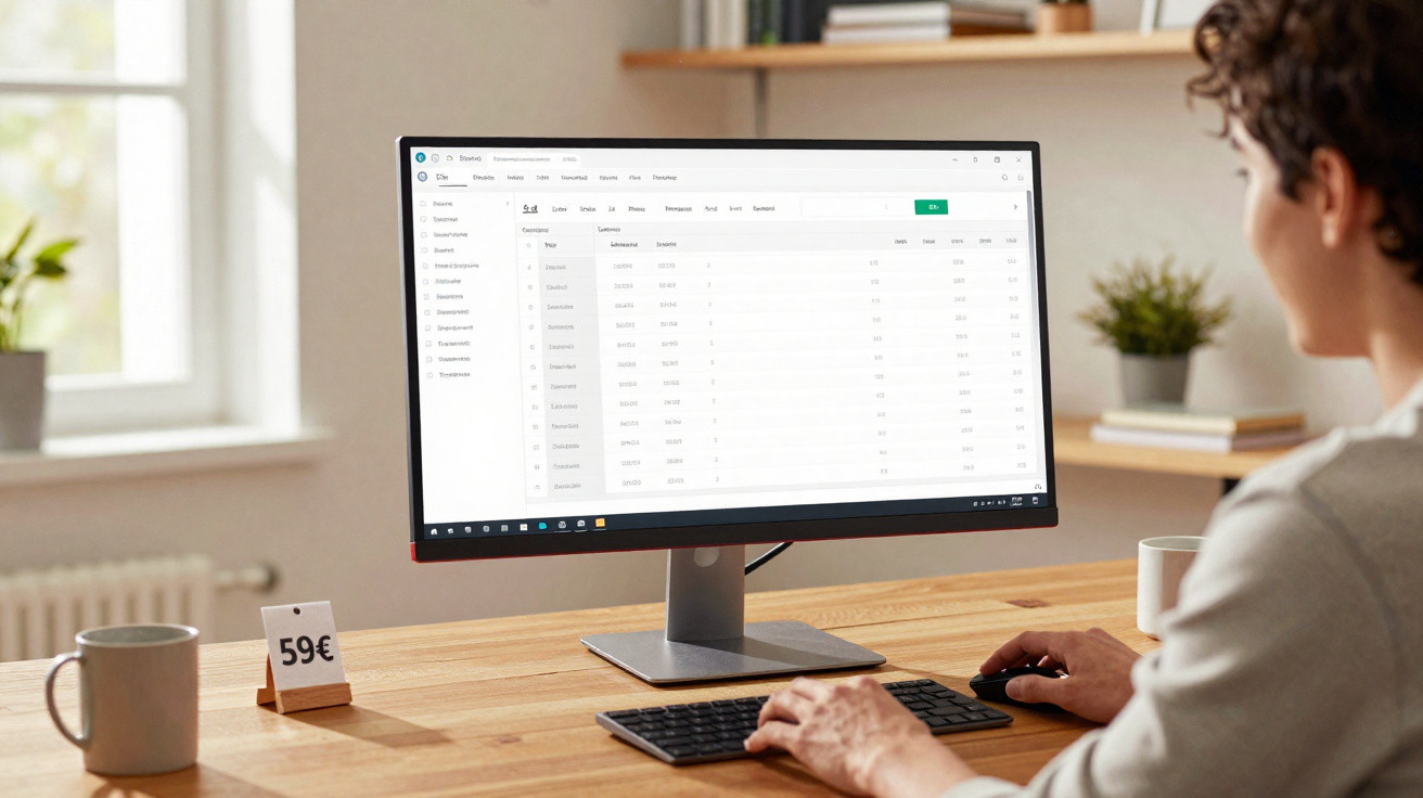 Pessoa a usar computador com gráfico de barras num ambiente de escritório calmo e organizado.