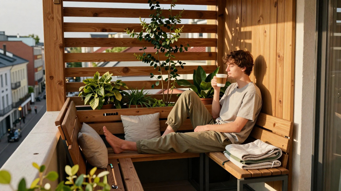 Pessoa sentada num banco de madeira numa varanda, a beber uma chávena de café ao pôr do sol, rodeada de plantas.