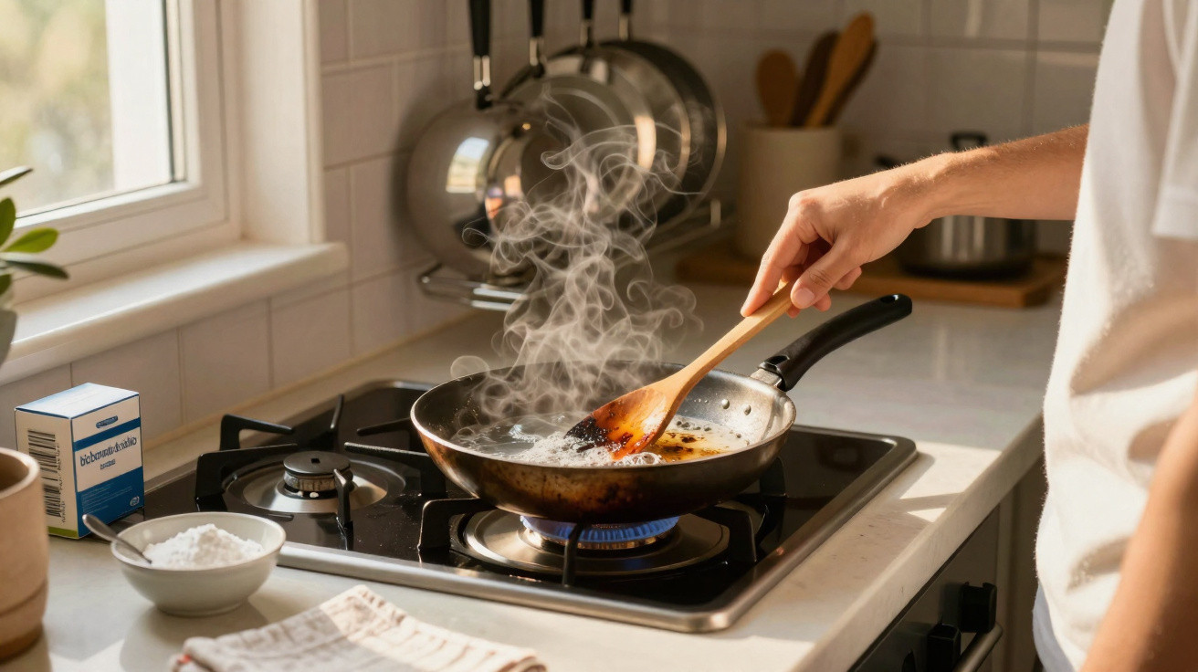 Pessoa a cozinhar num fogão a gás, mexendo uma frigideira fumegante com uma colher de pau.