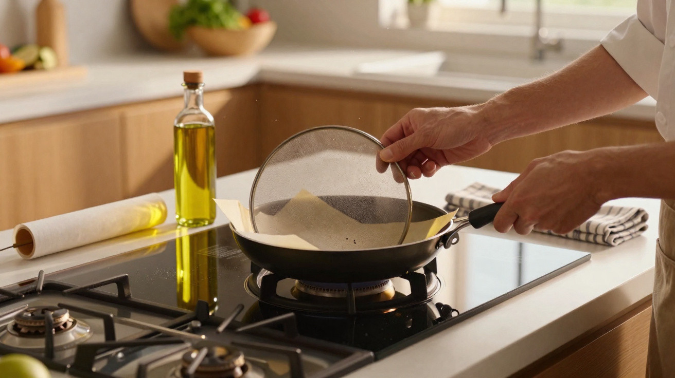 Mãos a colocar um ecrã protetor numa frigideira sobre um fogão a gás numa cozinha moderna.