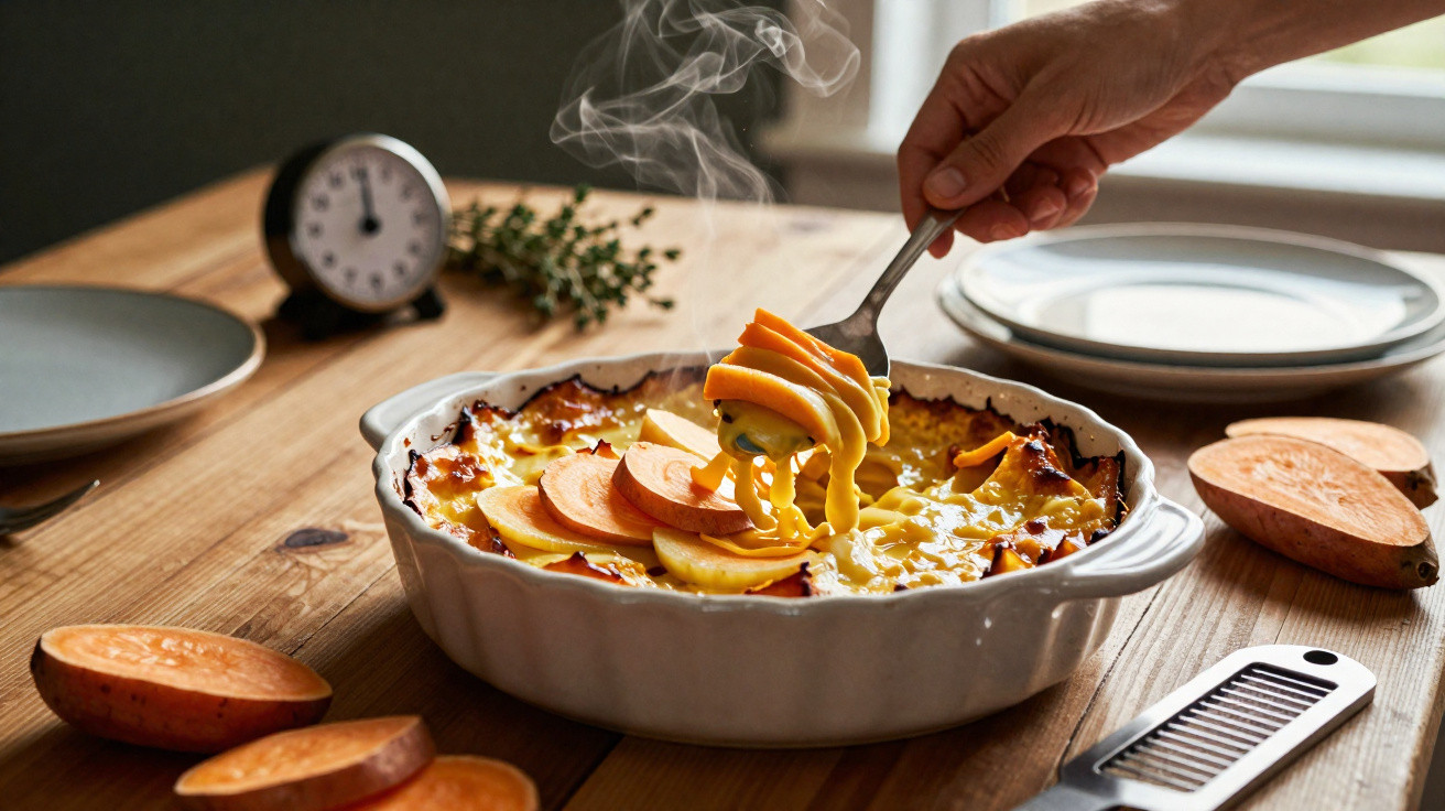 Mãos servem uma porção fumegante de gratinado cremoso de batata-doce numa travessa branca numa mesa de madeira.