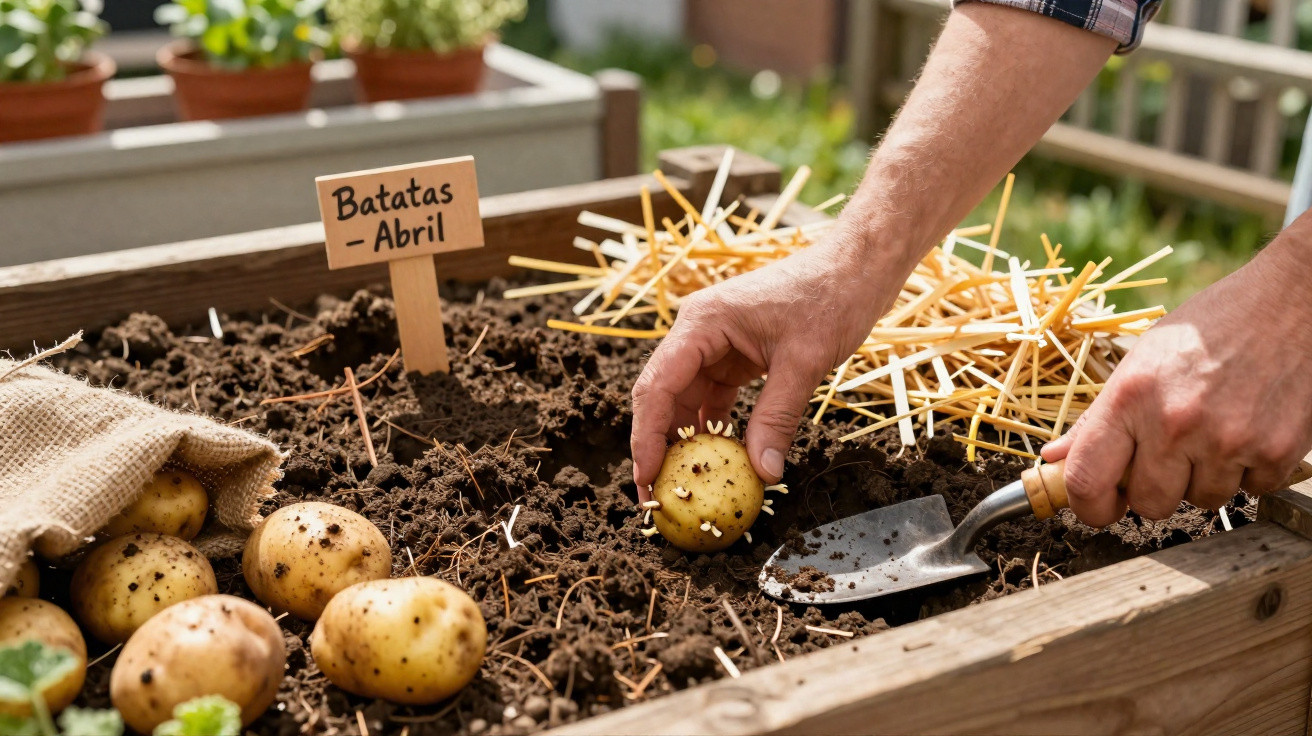 Mãos a plantar batatas em canteiro de terra com placa a indicar "Batatas - Abril" e enxada ao lado.