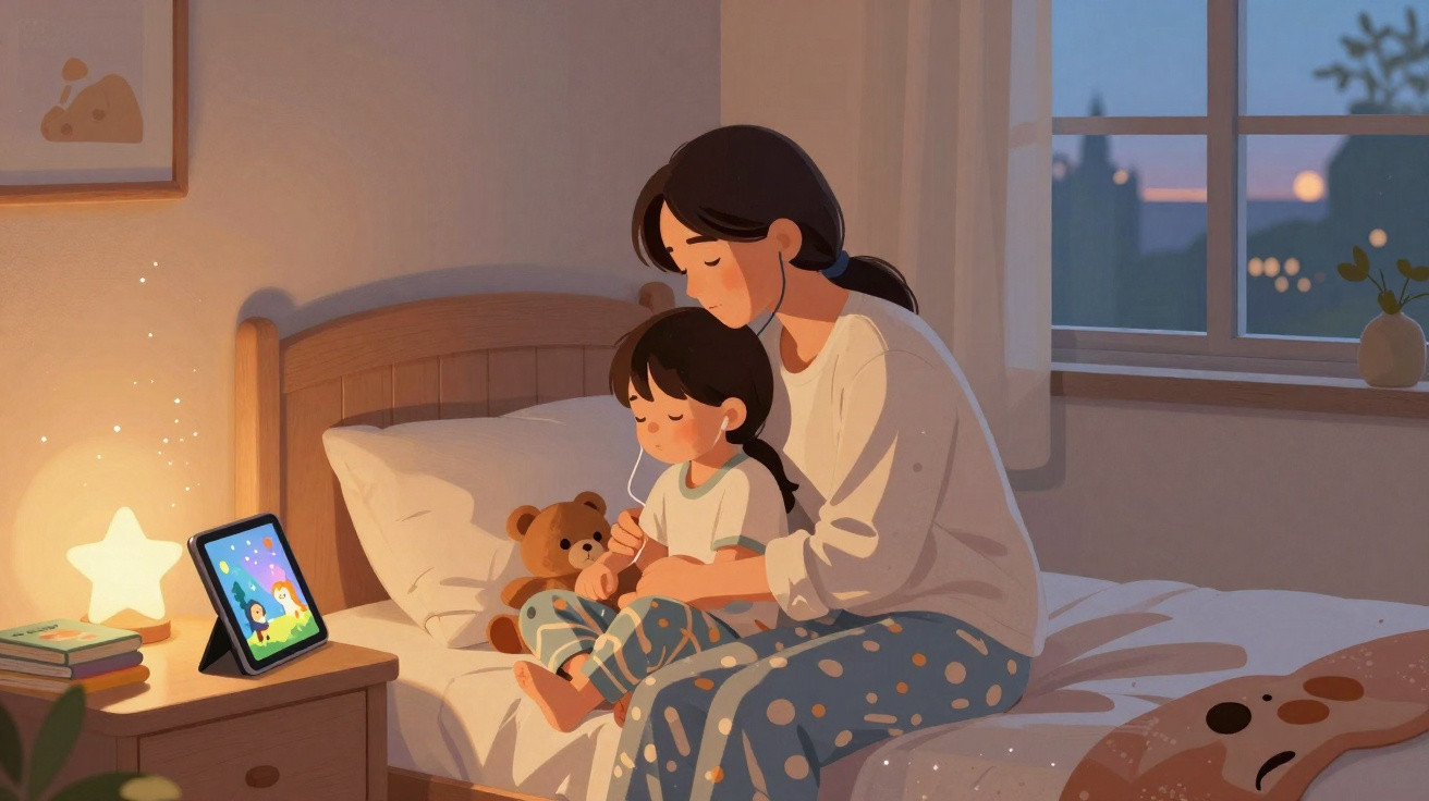 Pai e filha sentados na cama, ela com auscultadores e peluche, luz suave de estrela na mesa de cabeceira.