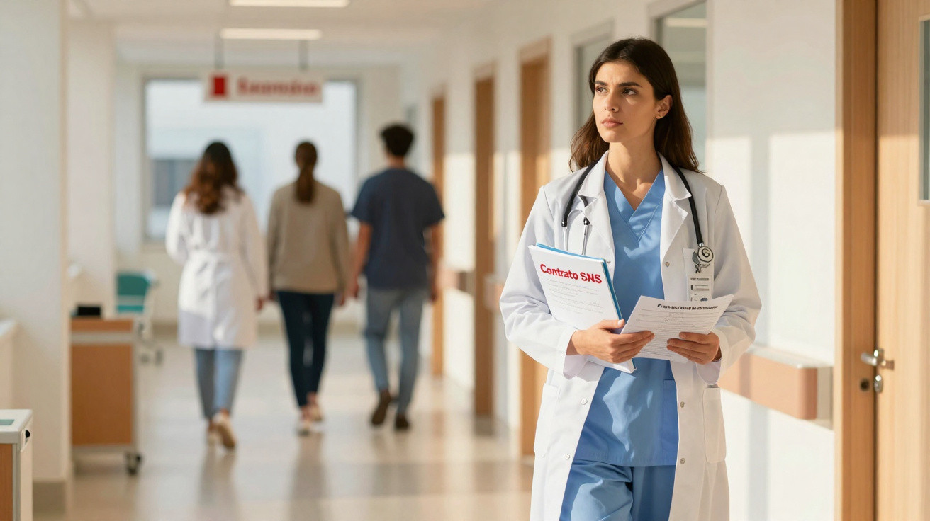 Médica com bata branca e estetoscópio no corredor de hospital segurando documentos.