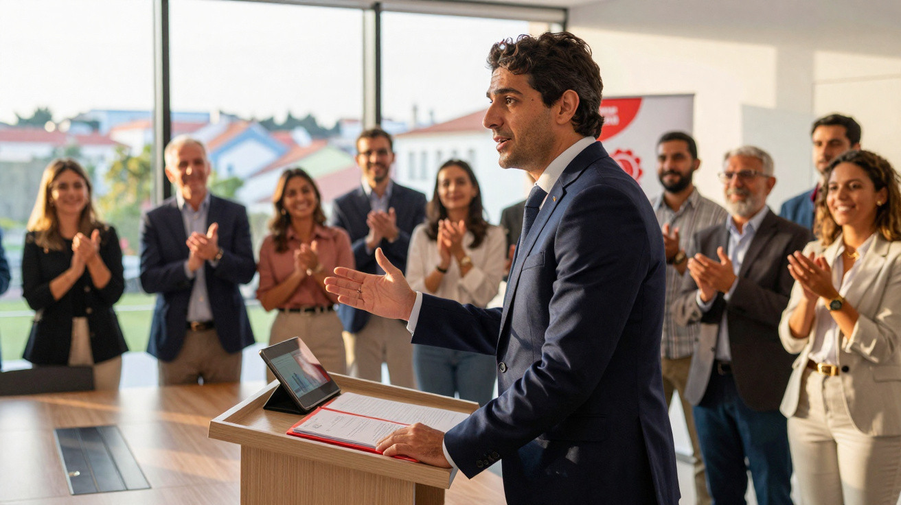 Homem em fato fala em reunião enquanto pessoas aplaudem em sala de escritório iluminada pela luz natural.