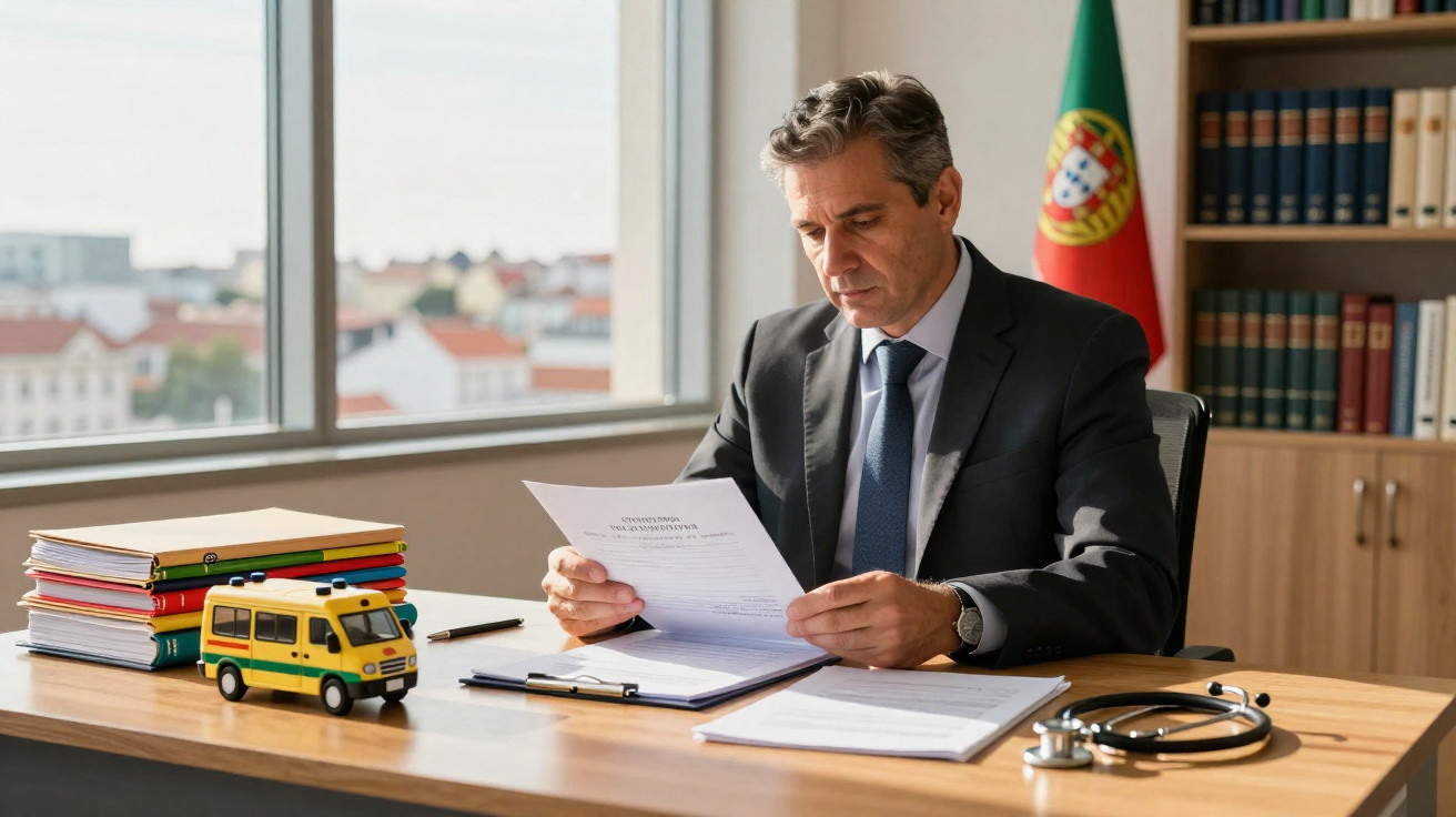 Homem de fato sentado à secretária a ler documentos com brinquedo de ambulância e estetoscópio à frente.
