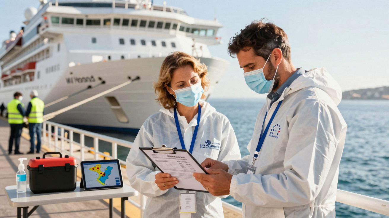 Dois técnicos com fato de proteção e máscara analisam documentos à beira de um cais com um navio ao fundo.