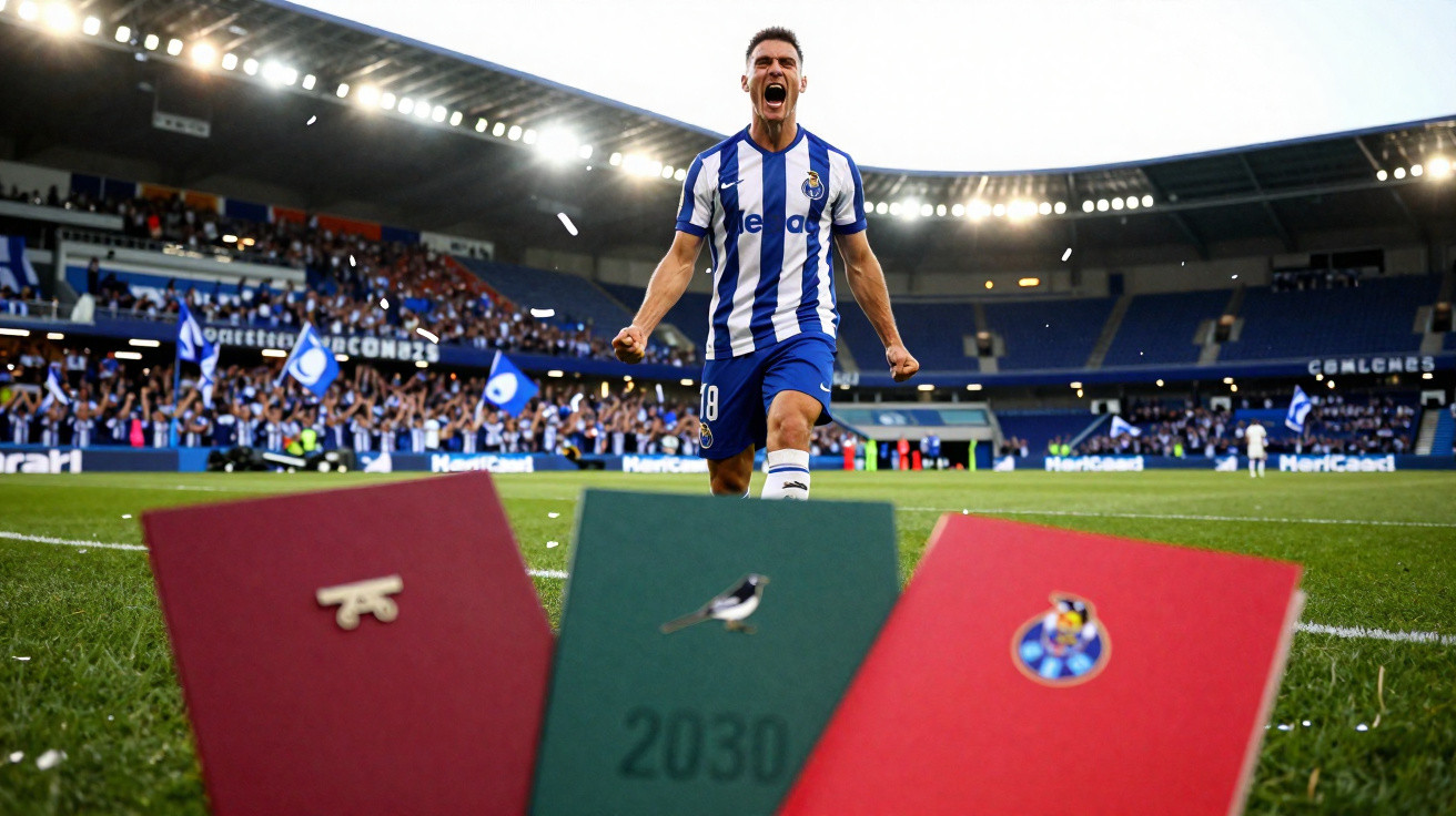 Jogador de futebol do FC Porto a comemorar golo no Estádio do Dragão com adeptos ao fundo.