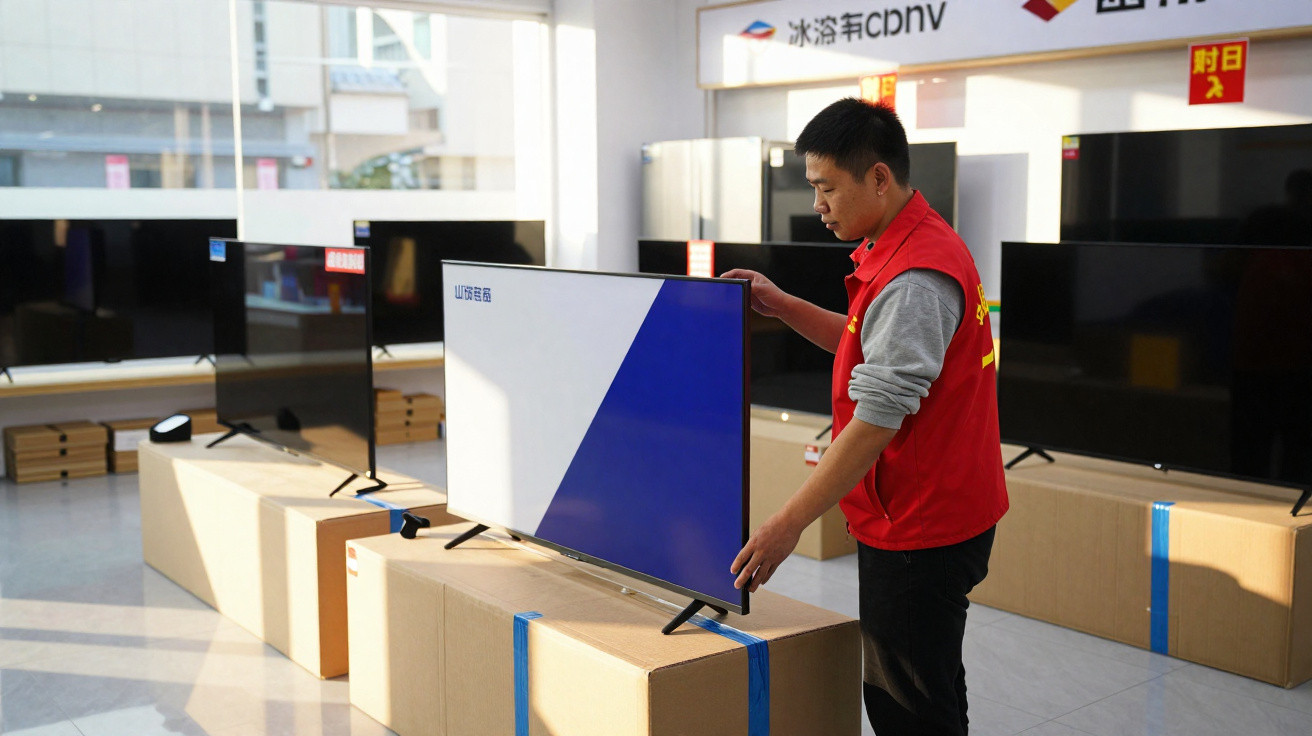 Homem a ajustar televisão nova numa loja com várias televisões em exposição sobre caixas de cartão.