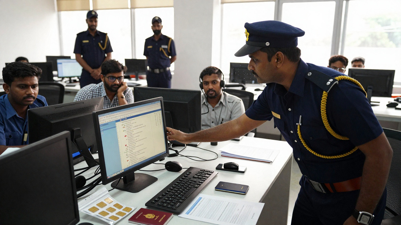 Polícia em uniforme a explicar dados num computador para grupo atento numa sala de formação.