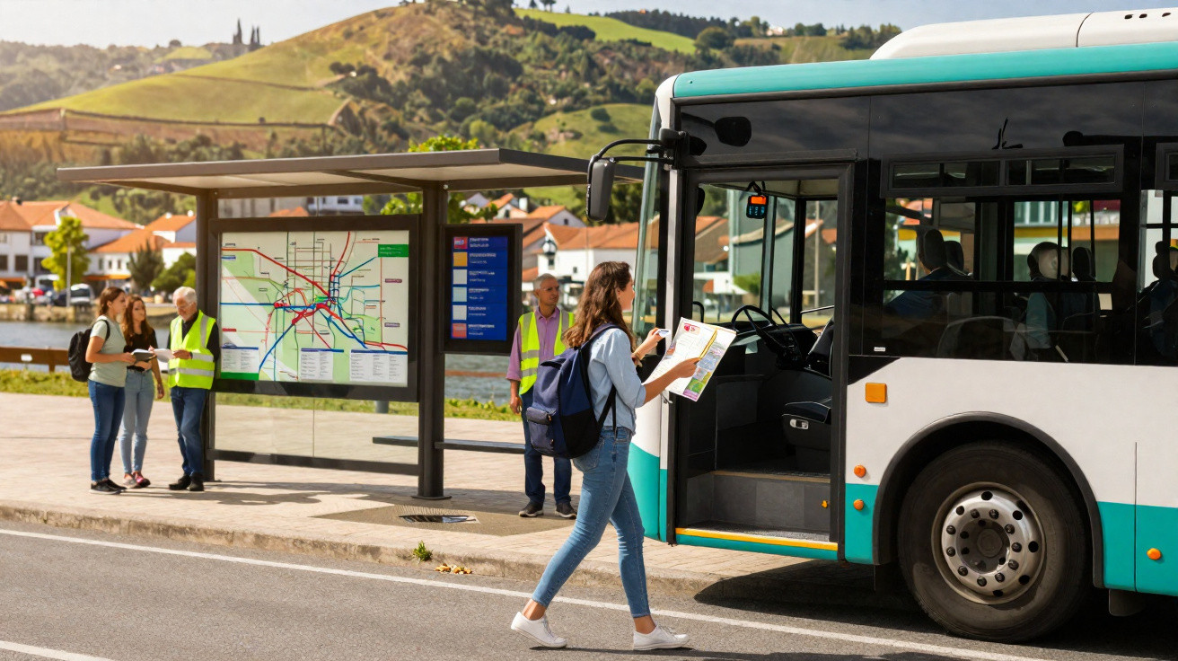 Jovem com mochila a consultar mapa junto a autocarro estacionado e passageiros à espera na paragem.