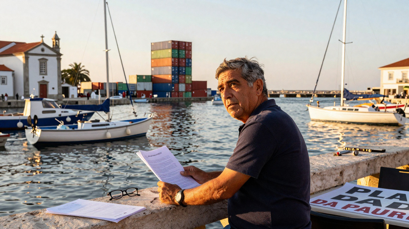 Homem com camisa azul junto a cais em porto com barcos e contentores coloridos ao fundo.