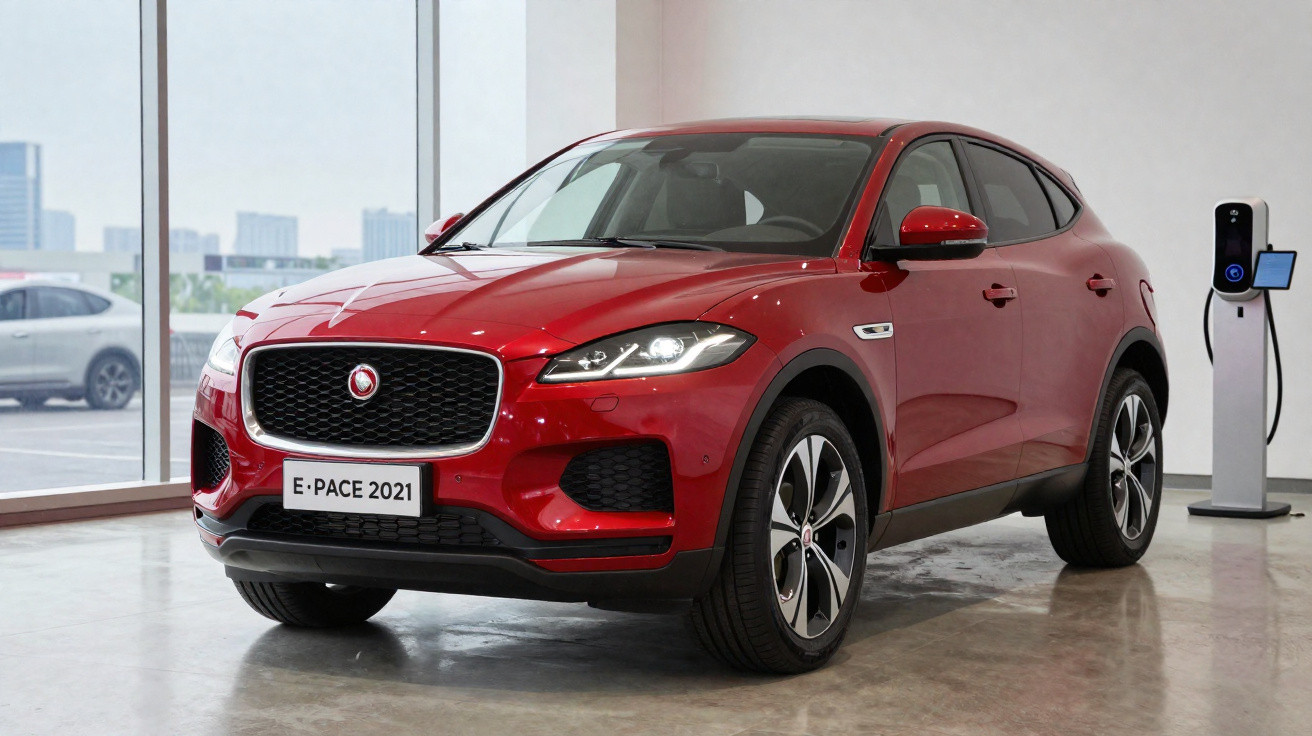 Carro elétrico Jaguar E-Pace 2021 vermelho estacionado em interior com posto de carregamento elétrico.