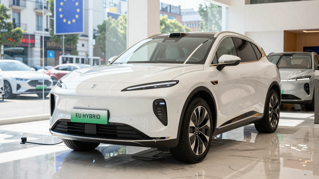 Carro elétrico híbrido branco em exposição dentro de showroom com piso refletor e janelas grandes.
