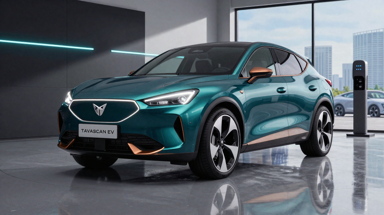 Carro elétrico Cupra Tavascam EV azul estacionado numa superfície refletora, ao lado de posto de carregamento.