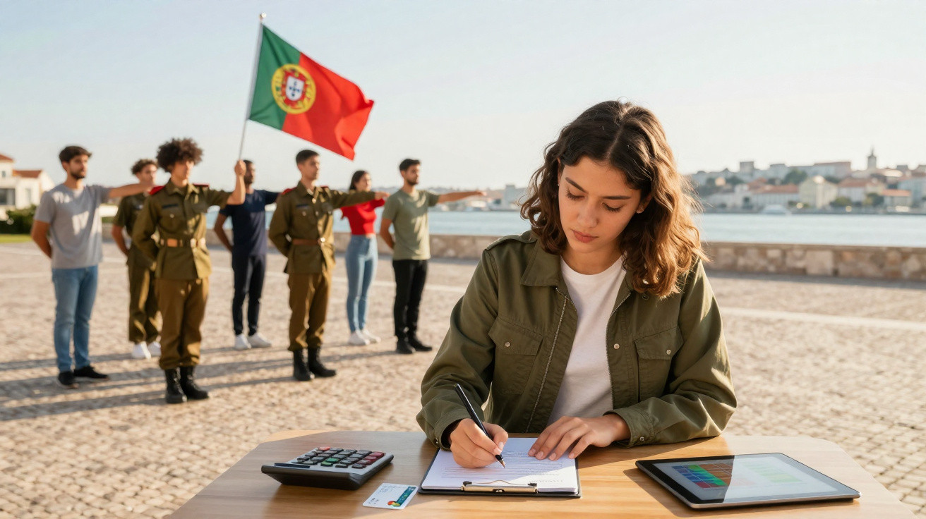 Jovem a preencher documentos numa mesa ao ar livre, com pessoas em uniforme militar e bandeiras de Portugal ao fundo.