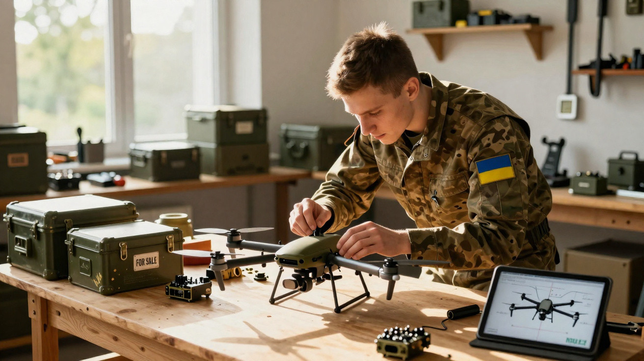 Soldado ucraniano a preparar um drone numa oficina cheia de equipamento tecnológico militar.