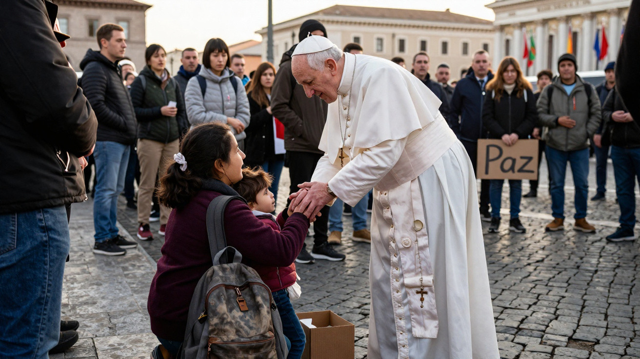 Papa Francisco a interagir com criança na rua, pessoas observam, placa com a palavra "Paz" visível.