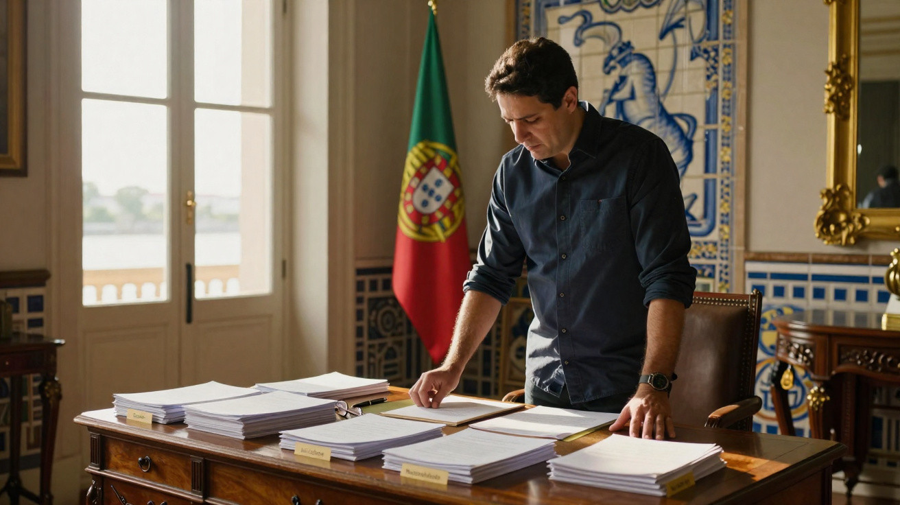 Homem a trabalhar numa secretária com pilhas de documentos, bandeira de Portugal e painéis de azulejos ao fundo.