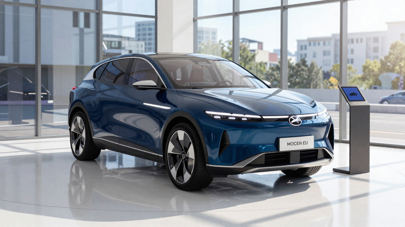Carro elétrico azul moderno exposto em espaço interior com janelas amplas e iluminação natural.