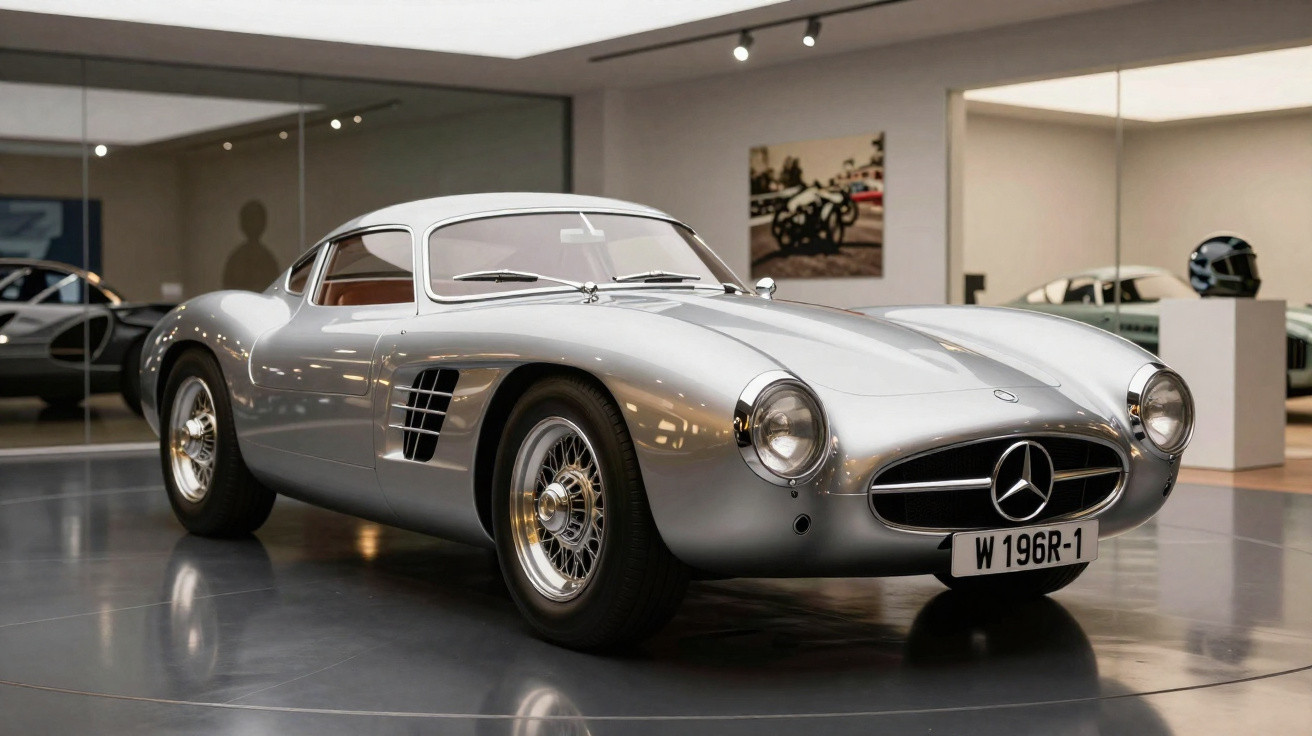 Carro clássico desportivo Mercedes-Benz prateado em exposição num museu automóvel.