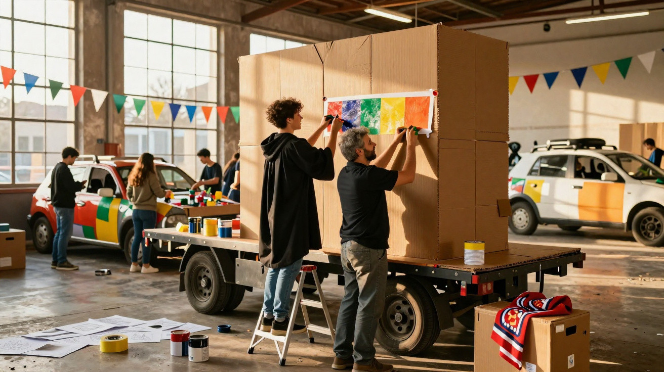 Grupo de pessoas a decorar um grande cubo de cartão numa oficina com carros ao fundo e bandeiras coloridas.