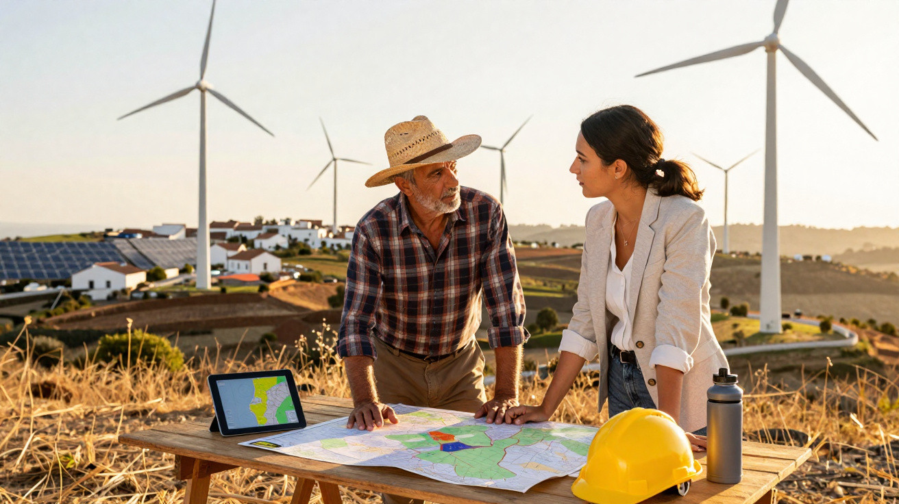 Duas pessoas discutem projetos de energias renováveis ao ar livre com turbinas eólicas e painéis solares ao fundo.