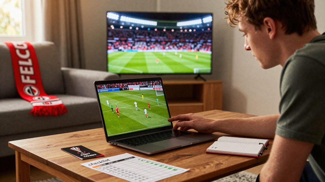 Homem sentado a ver um jogo de futebol num computador portátil, com televisão ligada ao fundo.