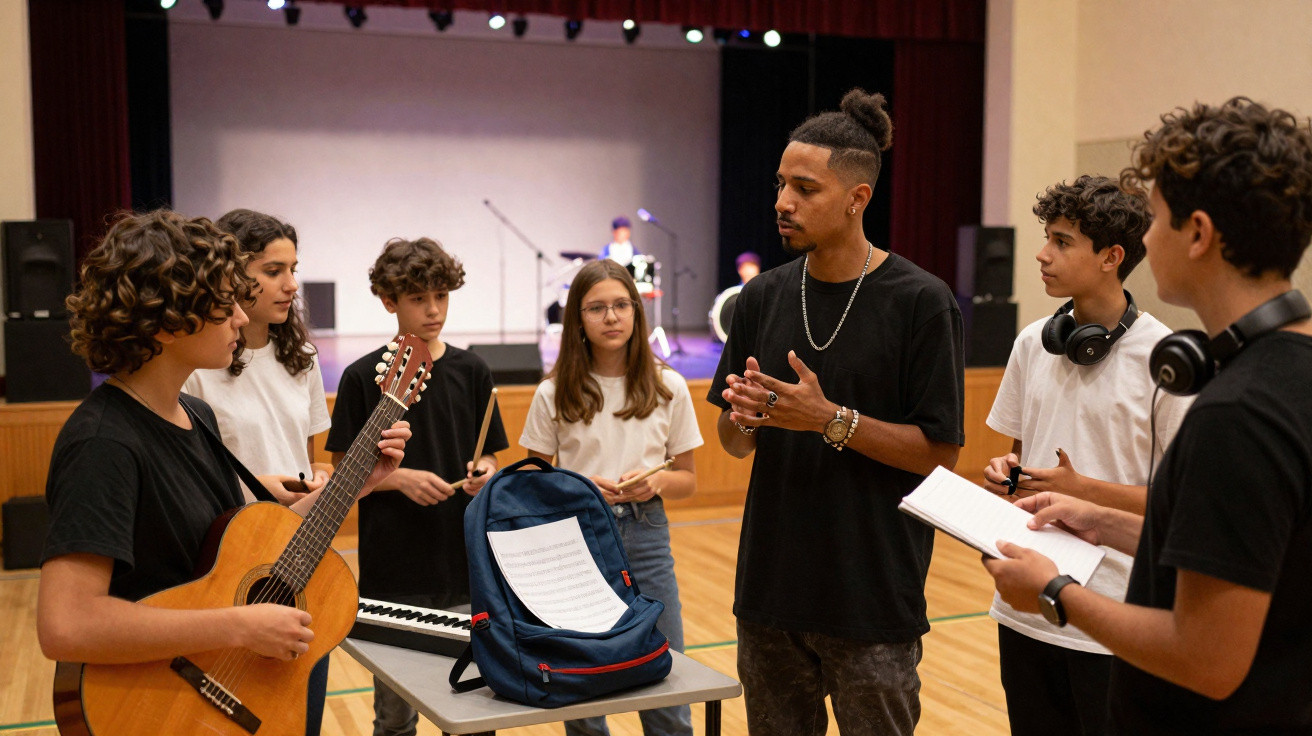 Professor a ensinar grupo de jovens tocar instrumentos musicais numa sala de aula com palco ao fundo.