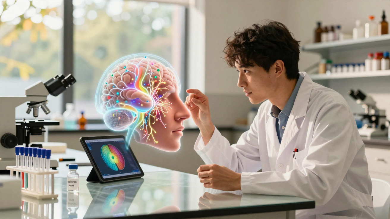 Cientista à frente de holograma cerebral em laboratório, com microscópio e tablet sobre a mesa.