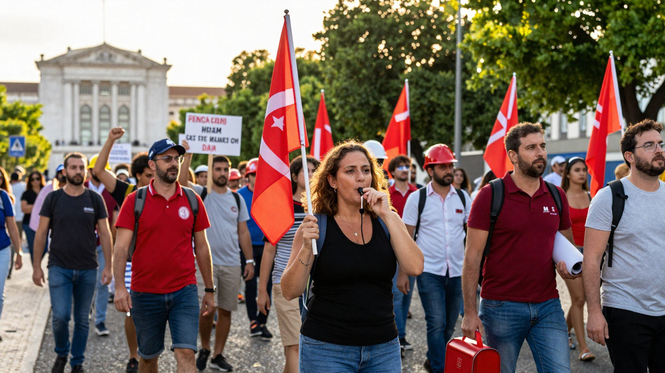 Manifestantes em marcha com bandeiras vermelhas, símbolos e cartazes, liderados por mulher com apito e braço erguido.