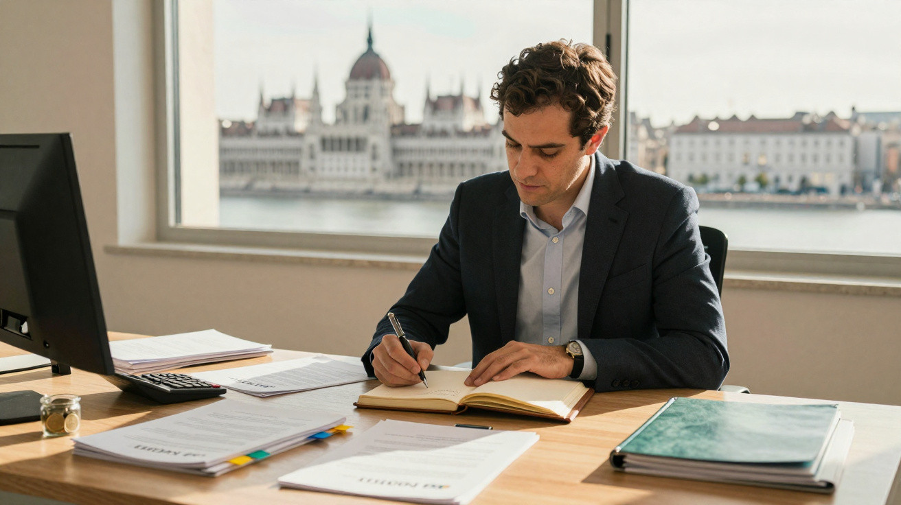 Homem de fato sentado numa mesa com documentos, a escrever num caderno, vista do Parlamento húngaro ao fundo.