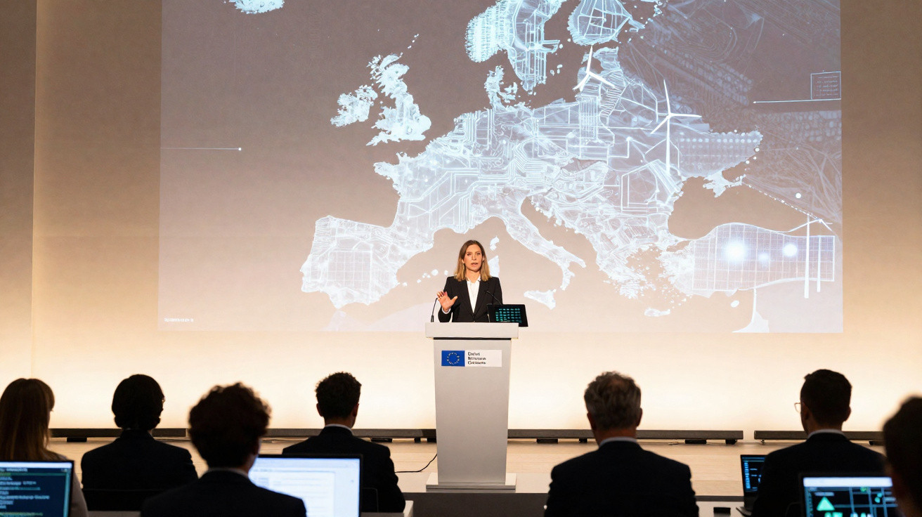 Mulher a discursar perante audiência com mapa digital da Europa e símbolos de energia sustentável ao fundo.