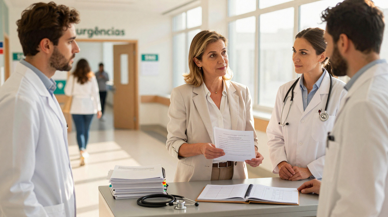Mulher entrega documento a dois médicos num hospital junto à entrada da urgência, com outros profissionais ao fundo.