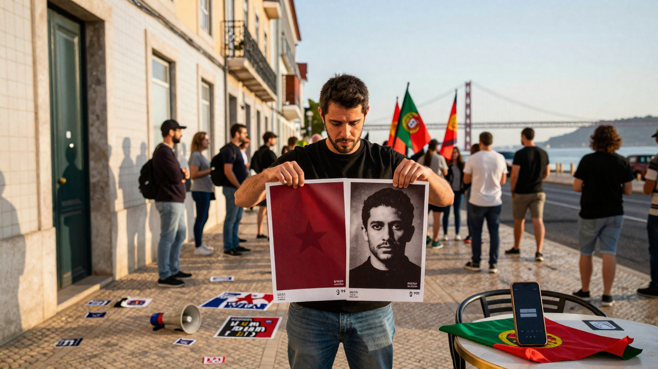 Homem segura cartaz com imagem de Paulo de Carvalho, grupo reúne-se em protesto com bandeiras de Portugal.
