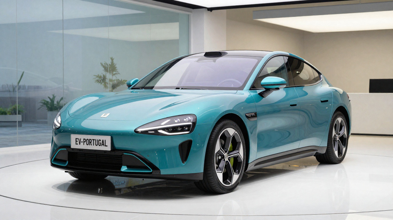Carro elétrico azul metálico com design aerodinâmico em exposição numa sala minimalista branca.