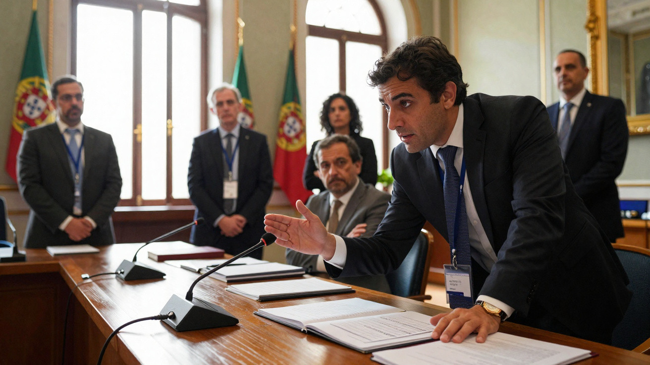Homem de fato preto fala em reunião formal com outras pessoas e bandeiras de Portugal ao fundo.