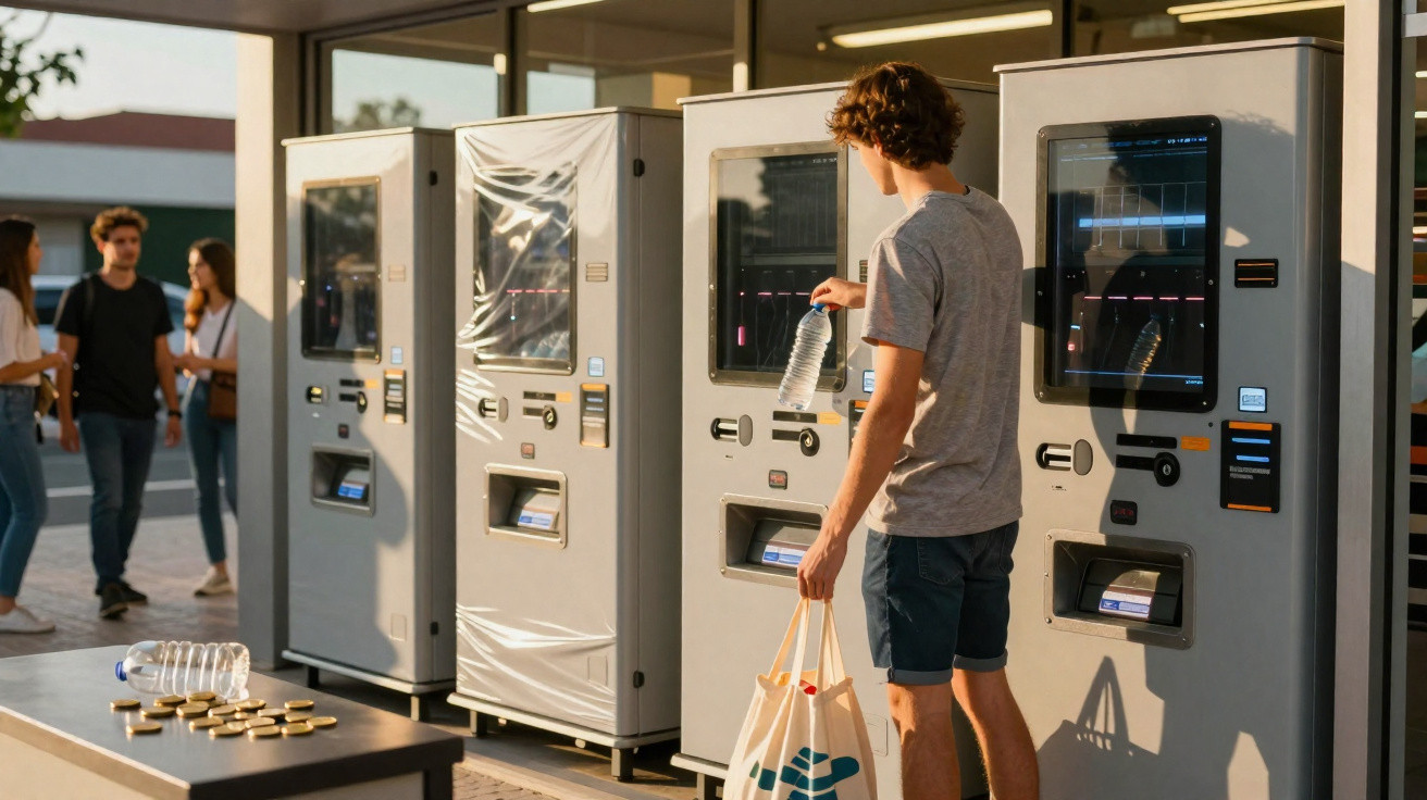 Jovem retira garrafa de água da máquina vending fora de loja com outras pessoas no interior ao fundo.