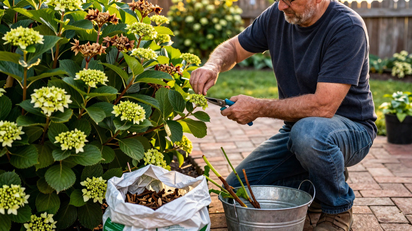 Homem a podar plantas com tesoura de jardinagem num jardim com flores verdes e castanhas.