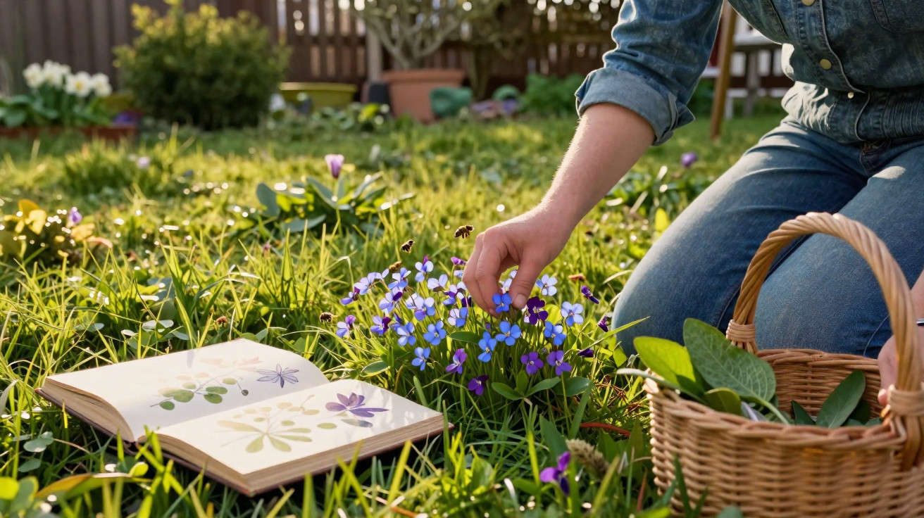 Pessoa a colher flores azuis num jardim com livro de plantas e cesto ao lado num dia ensolarado.