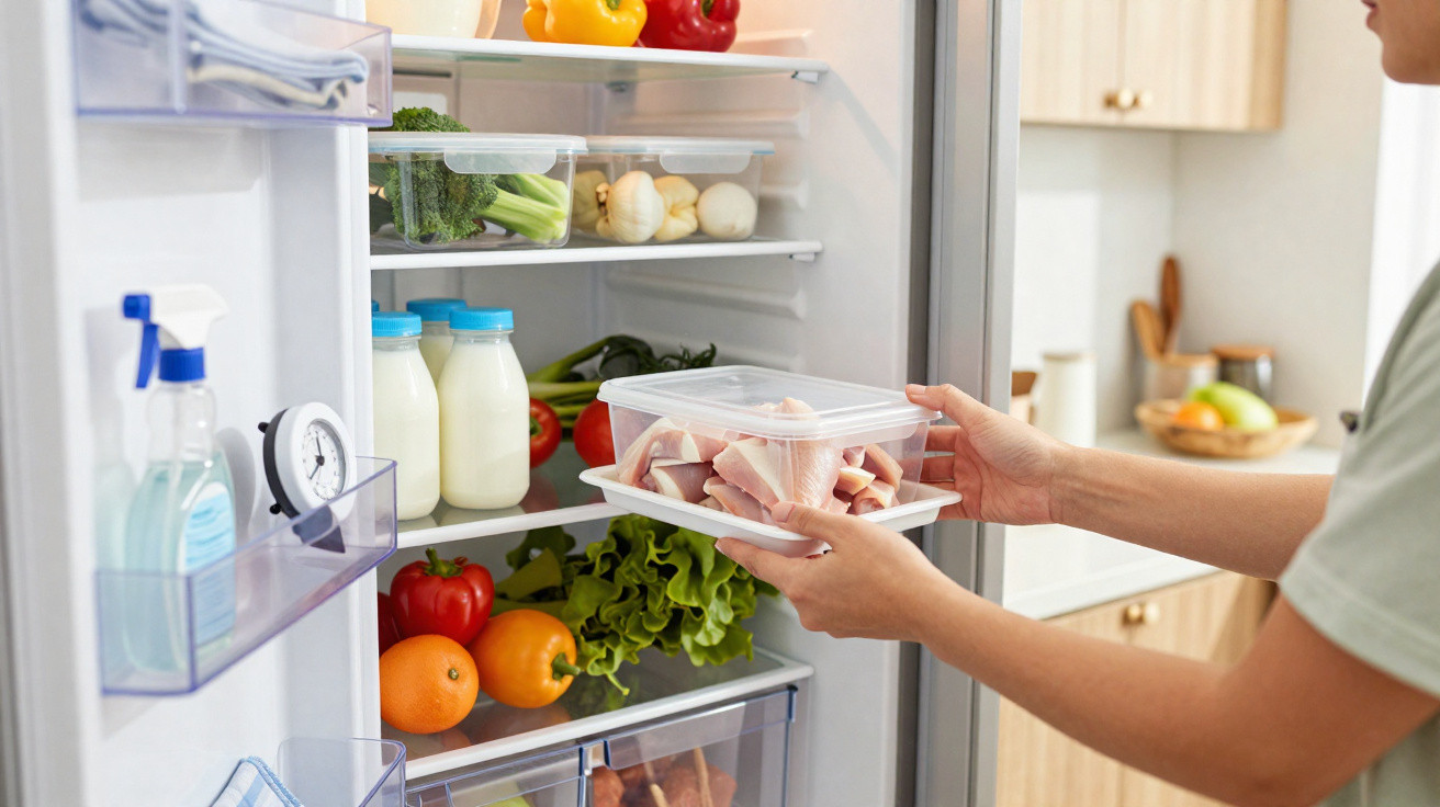 Pessoa a arrumar recipientes de plástico com alimentos frescos numa frigorífico aberto.