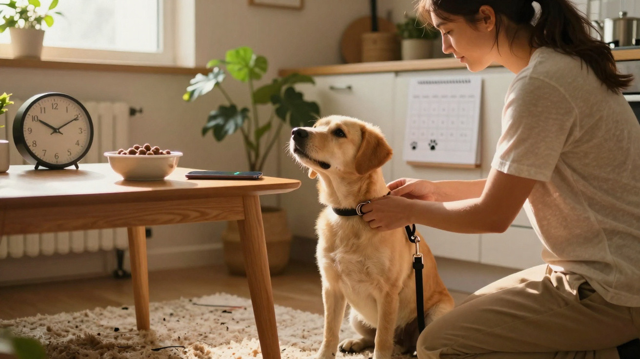 Mulher a pôr coleira num cão dentro de uma sala com mesa e relógio na parede.