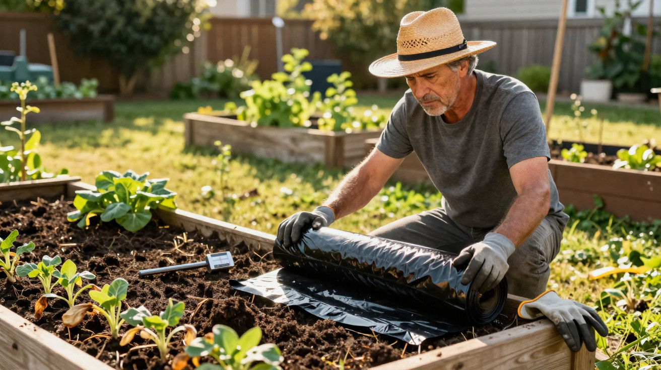 Homem com chapéu a colocar plástico numa horta elevada, rodeado de plantas e vegetação ao fundo.
