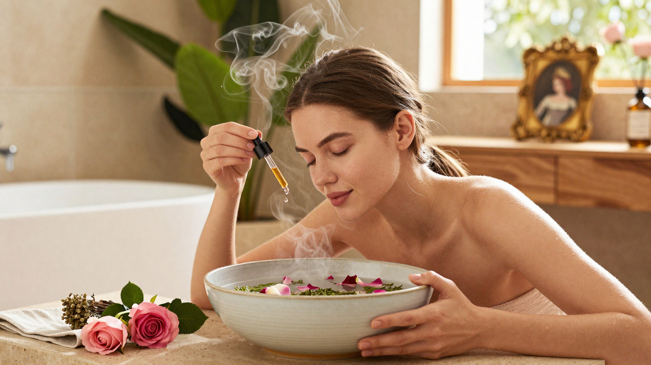 Mulher aspira vapor aromático de recipiente com pétalas de rosa num ambiente calmo e decorado.