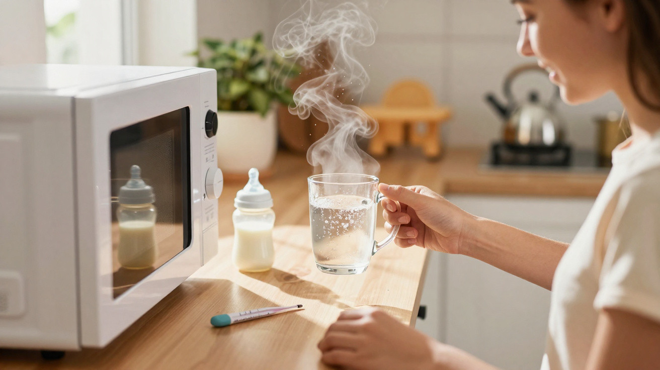 Pessoa a aquecer água no micro-ondas para o biberão de bebé numa cozinha luminosa.